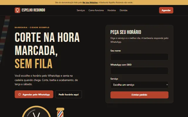Página inicial do site de demonstração Barbearia Espelho Redondo
