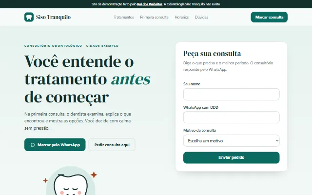 Página inicial do site de demonstração Odontologia Siso Tranquilo