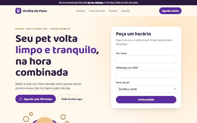 Página inicial do site de demonstração Pet Shop Orelha de Pano